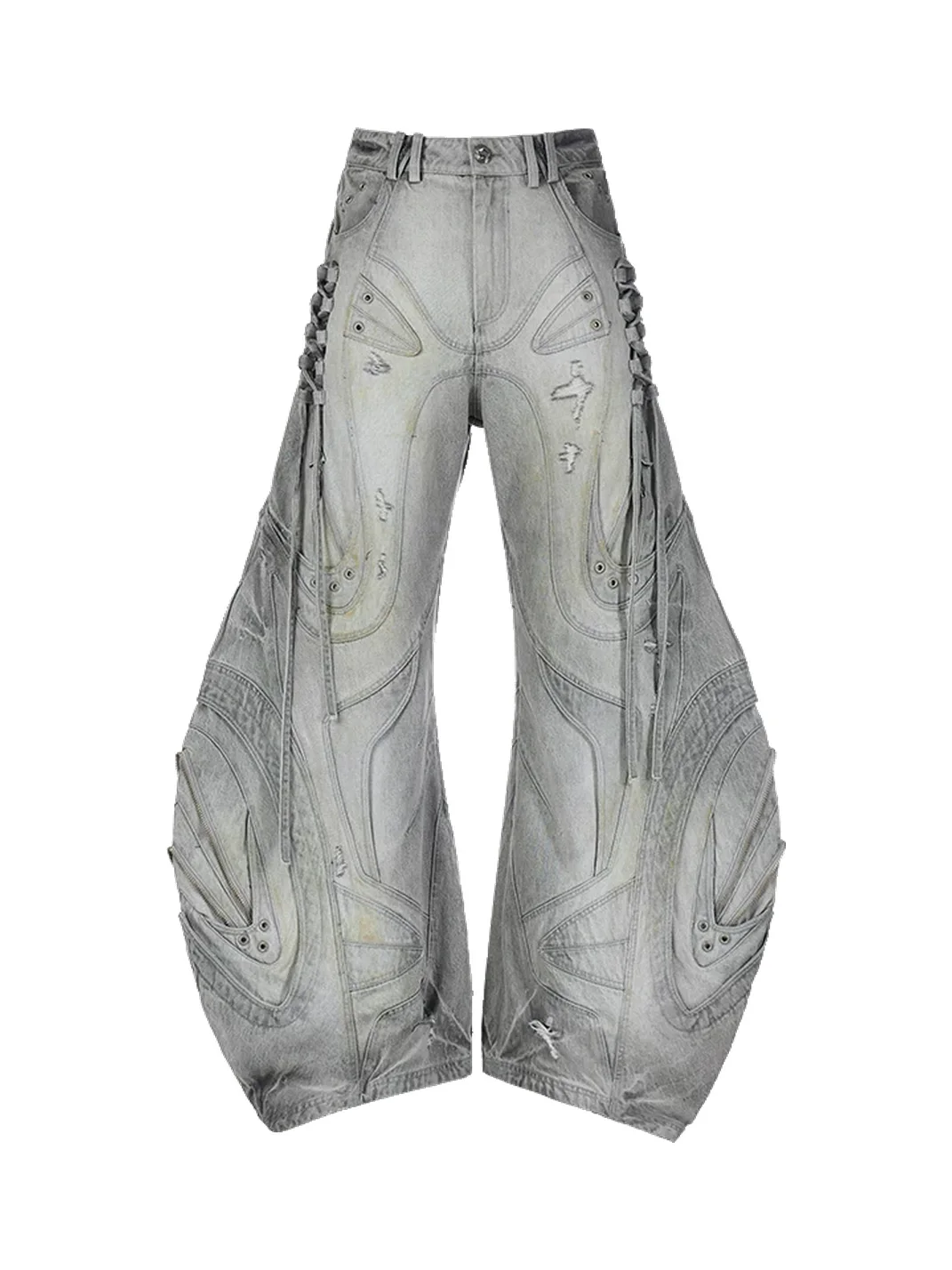 PERSONSOUL | Deconstructed Drawstring Flared Patchwork Jeans