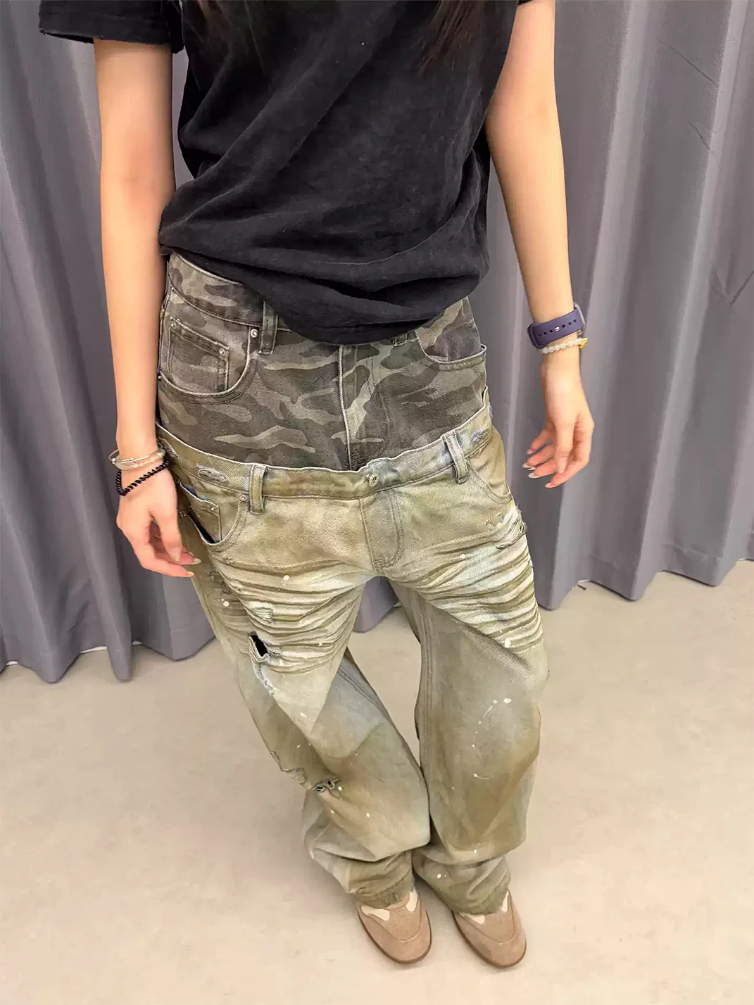 DETW | Camouflage Double Waist Distressed Wide Leg Jeans