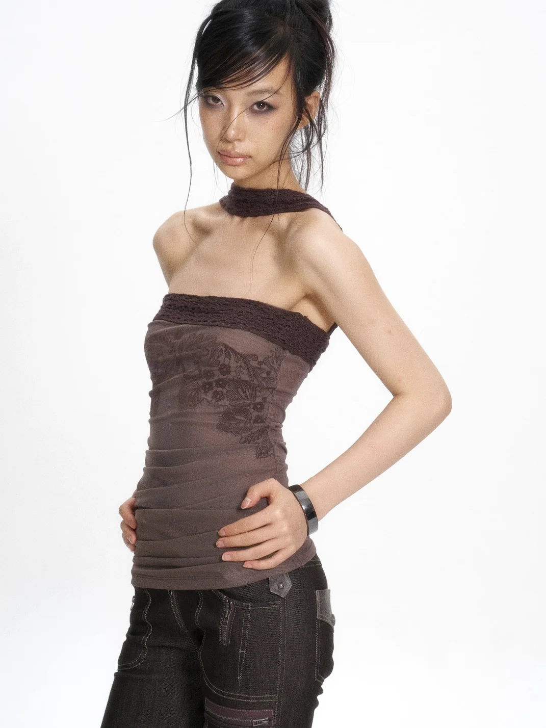 Flowers birds Market | Fitted Floral Mesh Ruched Halter Tube Top
