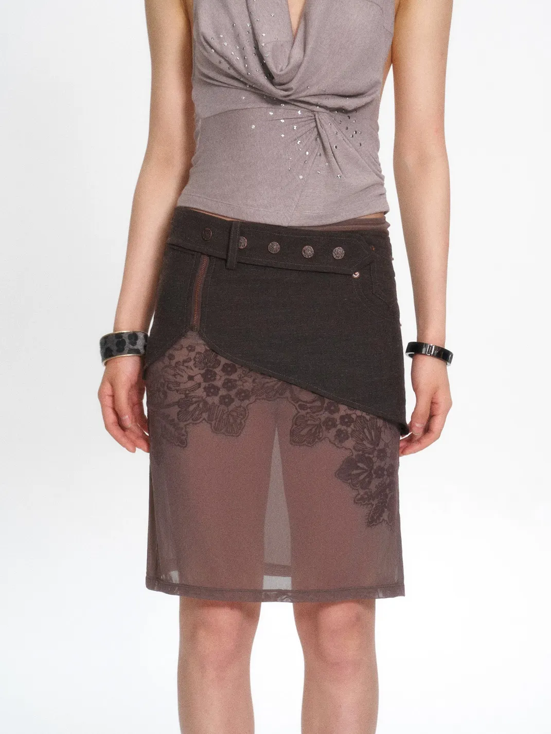 Flowers birds Market | Colorblock Mesh Flocked Lace Straight Midi Skirt