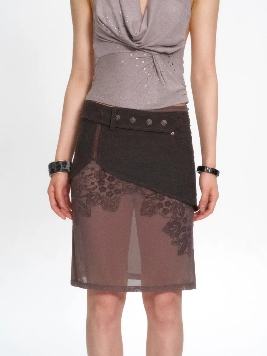 Flowers birds Market | Colorblock Mesh Flocked Lace Straight Midi Skirt - 2