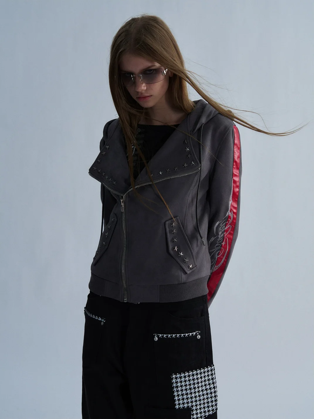 PAIKI | Studded Hooded Slim Fit Biker Jacket