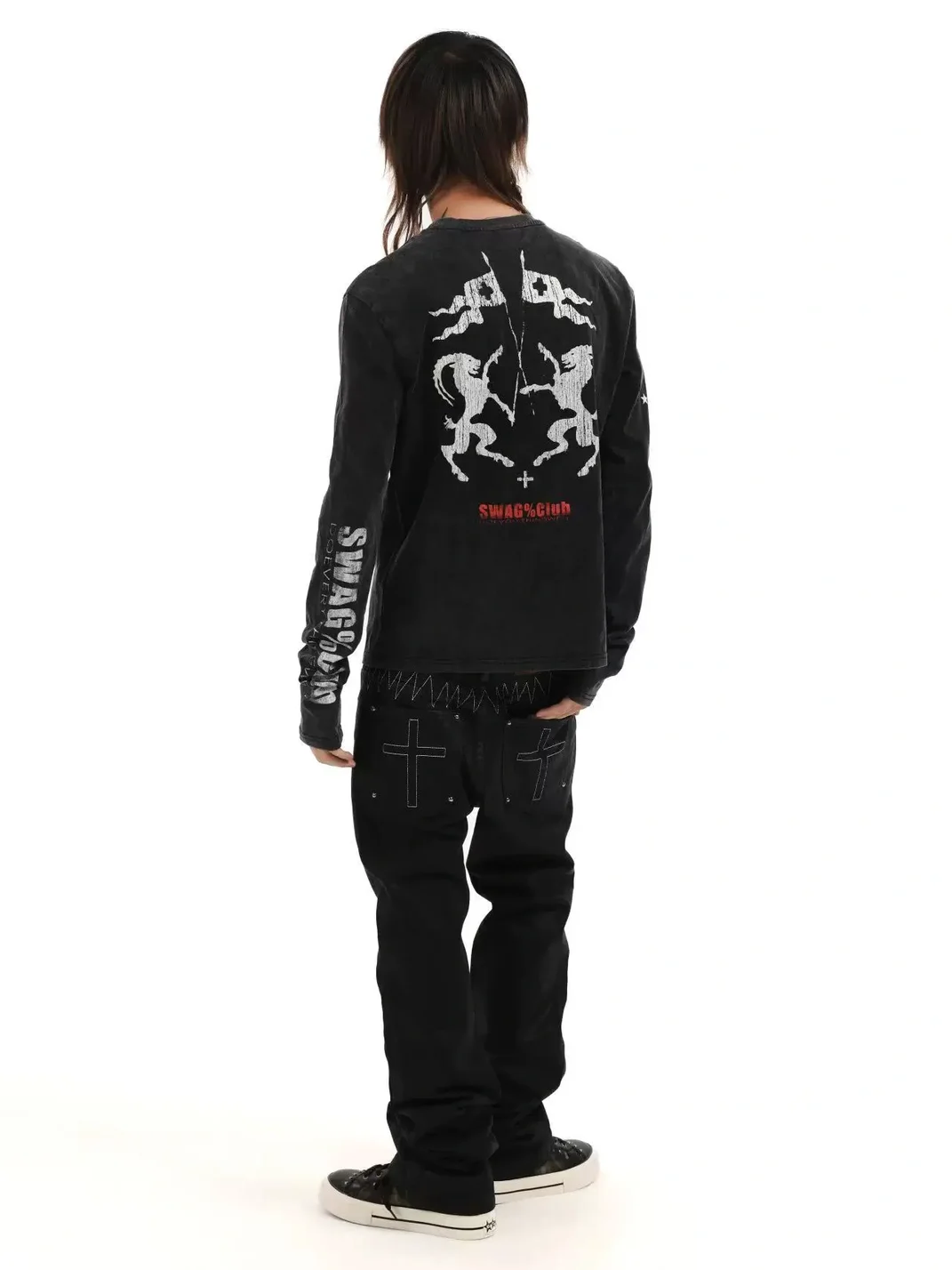 DETW | Washed Black Graphic Slim Fit Long Sleeve T-Shirt