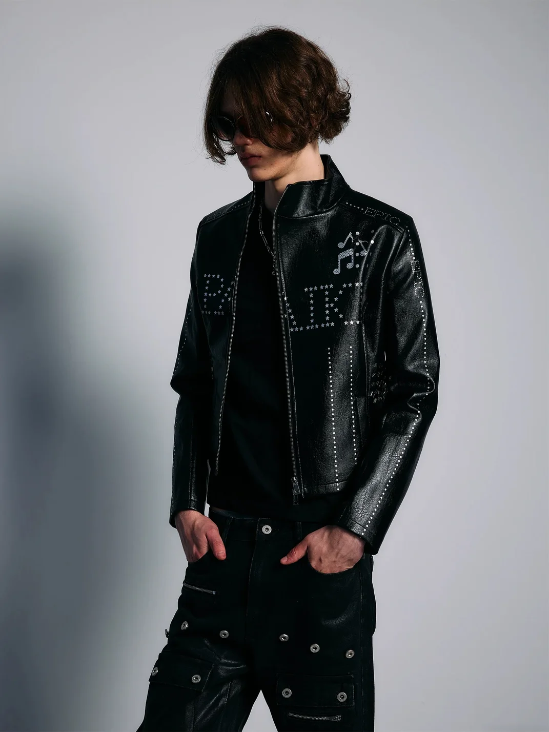 PAIKI | Studded Music Note Cropped PU Jacket