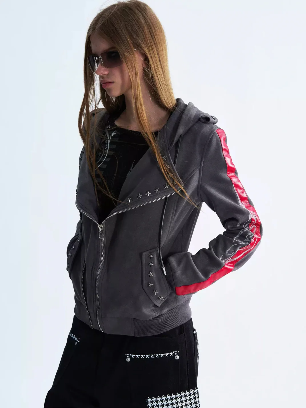 PAIKI | Studded Hooded Slim Fit Biker Jacket