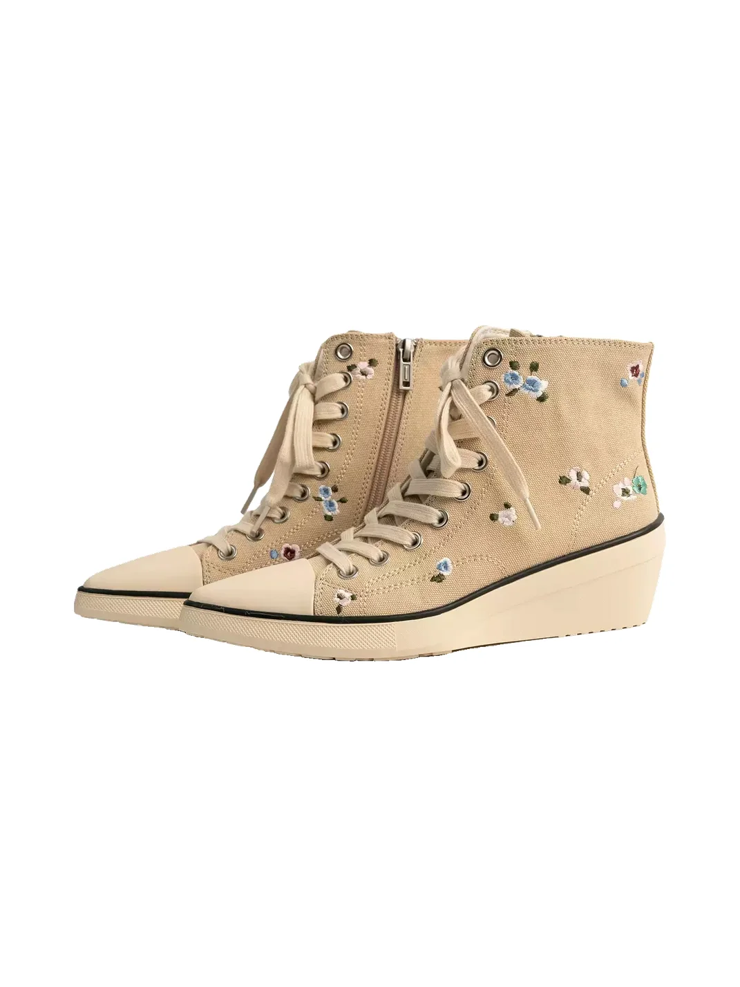 ZHUDAGE | Embroidered Pointed-Toe Wedge Canvas Ankle Boots