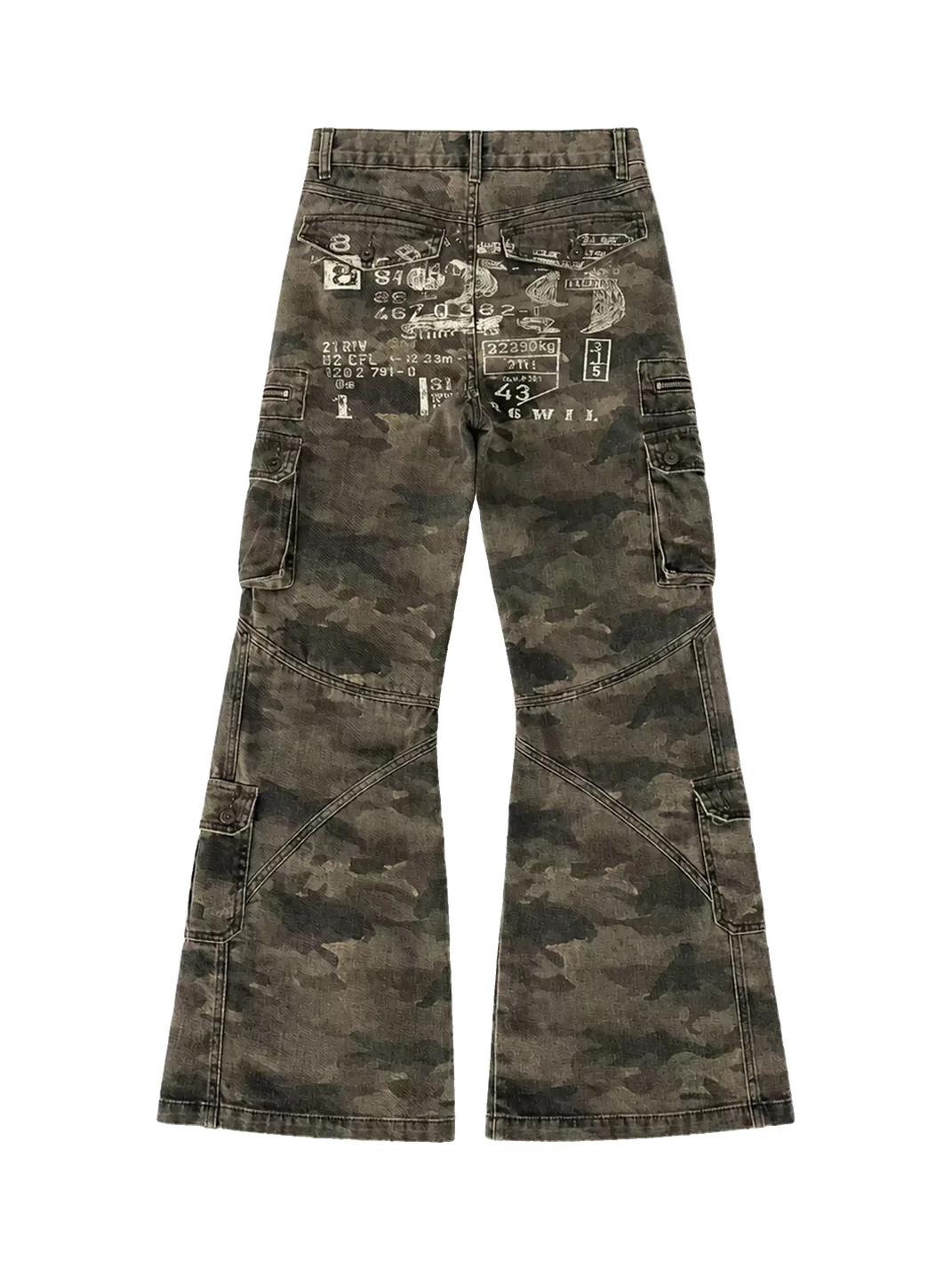 PAIKI | Washed Camouflage Multi-Panel Flared Cargo Pants