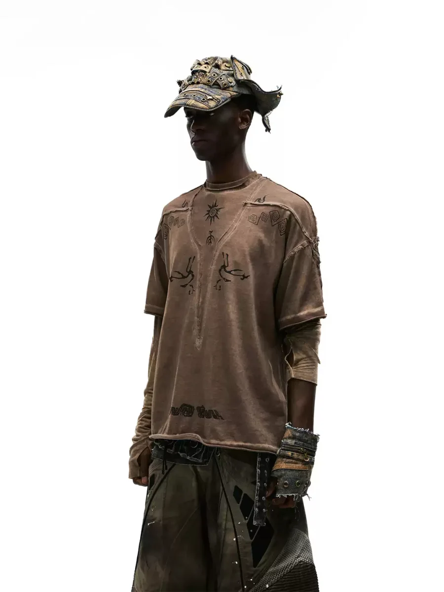 PERSONSOUL | Distressed Brown Pangu Graphic Oversized T-Shirt - 3