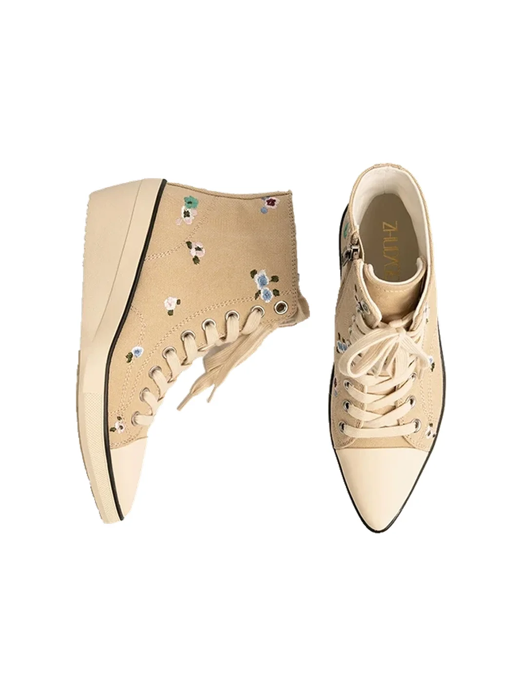 ZHUDAGE | Embroidered Pointed-Toe Wedge Canvas Ankle Boots