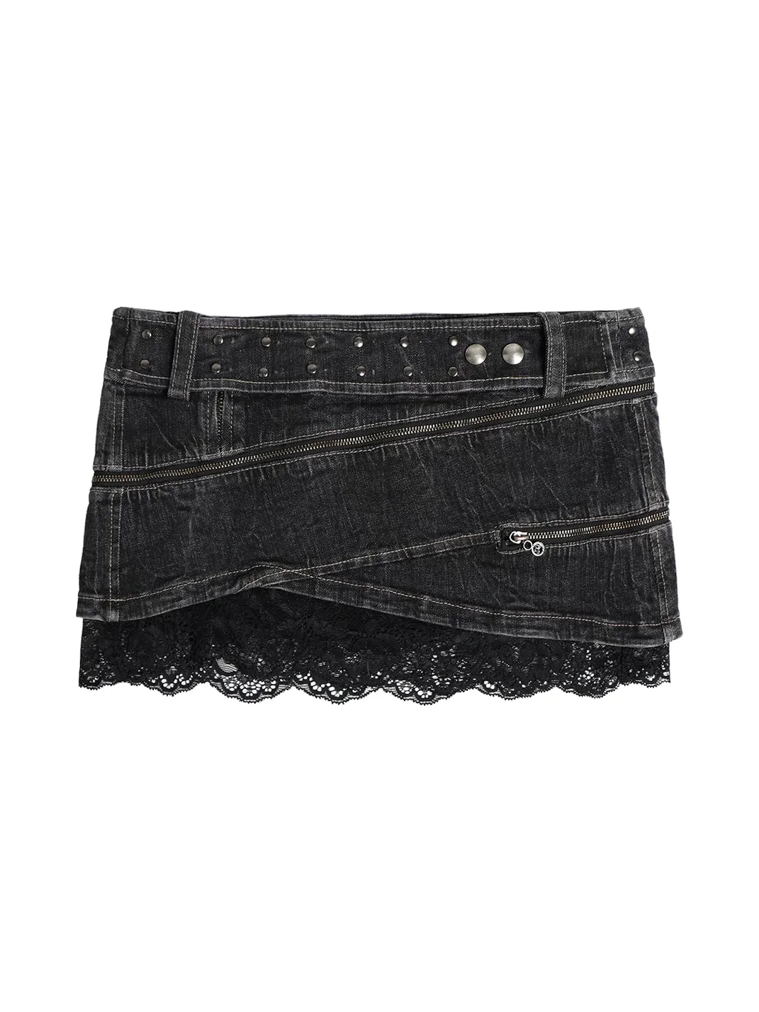 Flowers birds Market | Deconstructed Layered Zip Lace Denim Mini Skirt