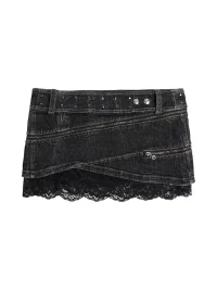 Flowers birds Market | Deconstructed Layered Zip Lace Denim Mini Skirt