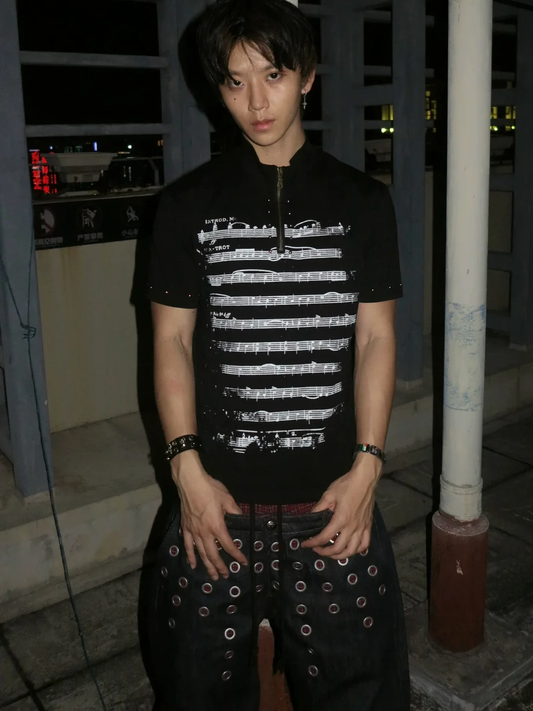 Dream Band | Punk Sheet Music Fitted Stand Collar T-Shirt