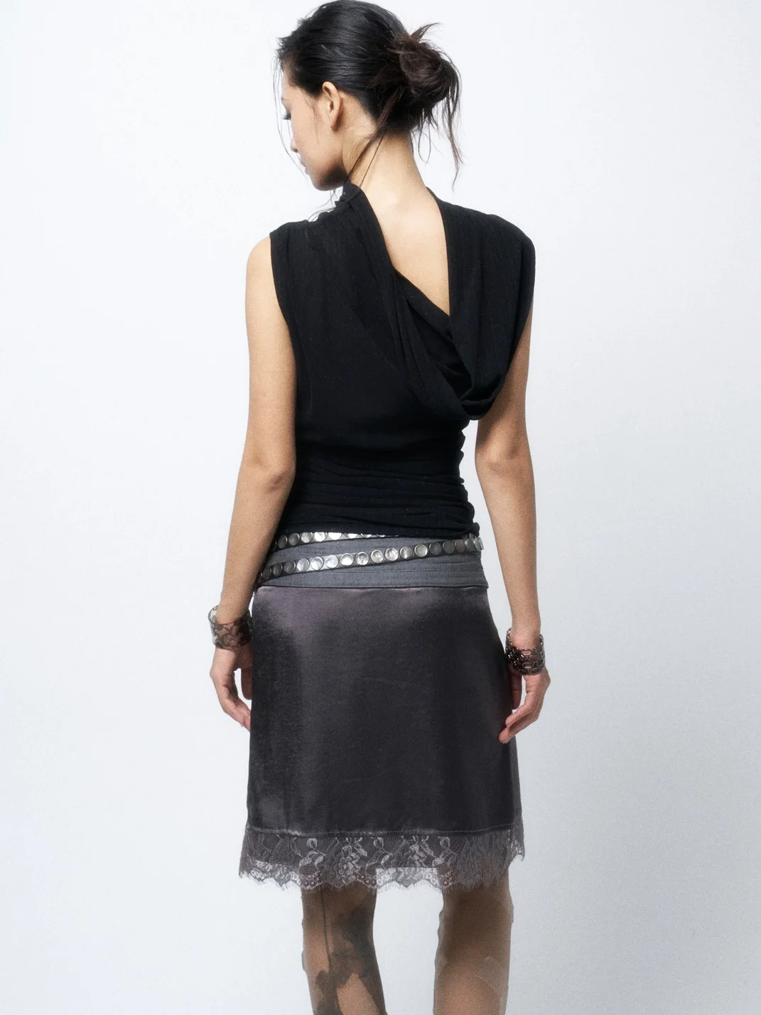 Flowers birds Market | Asymmetric High Neck Ruched Knit Tank Top