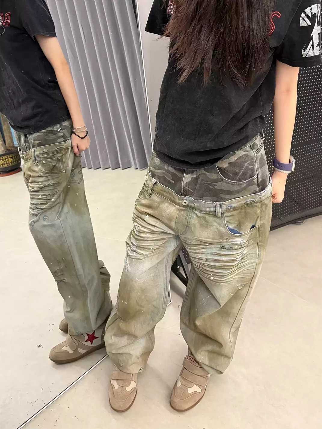DETW | Camouflage Double Waist Distressed Wide Leg Jeans