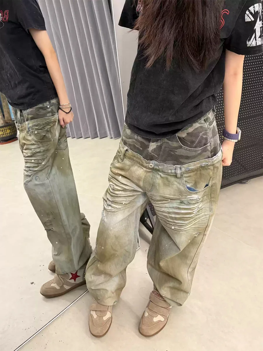 DETW | Camouflage Double Waist Distressed Wide Leg Jeans - 2