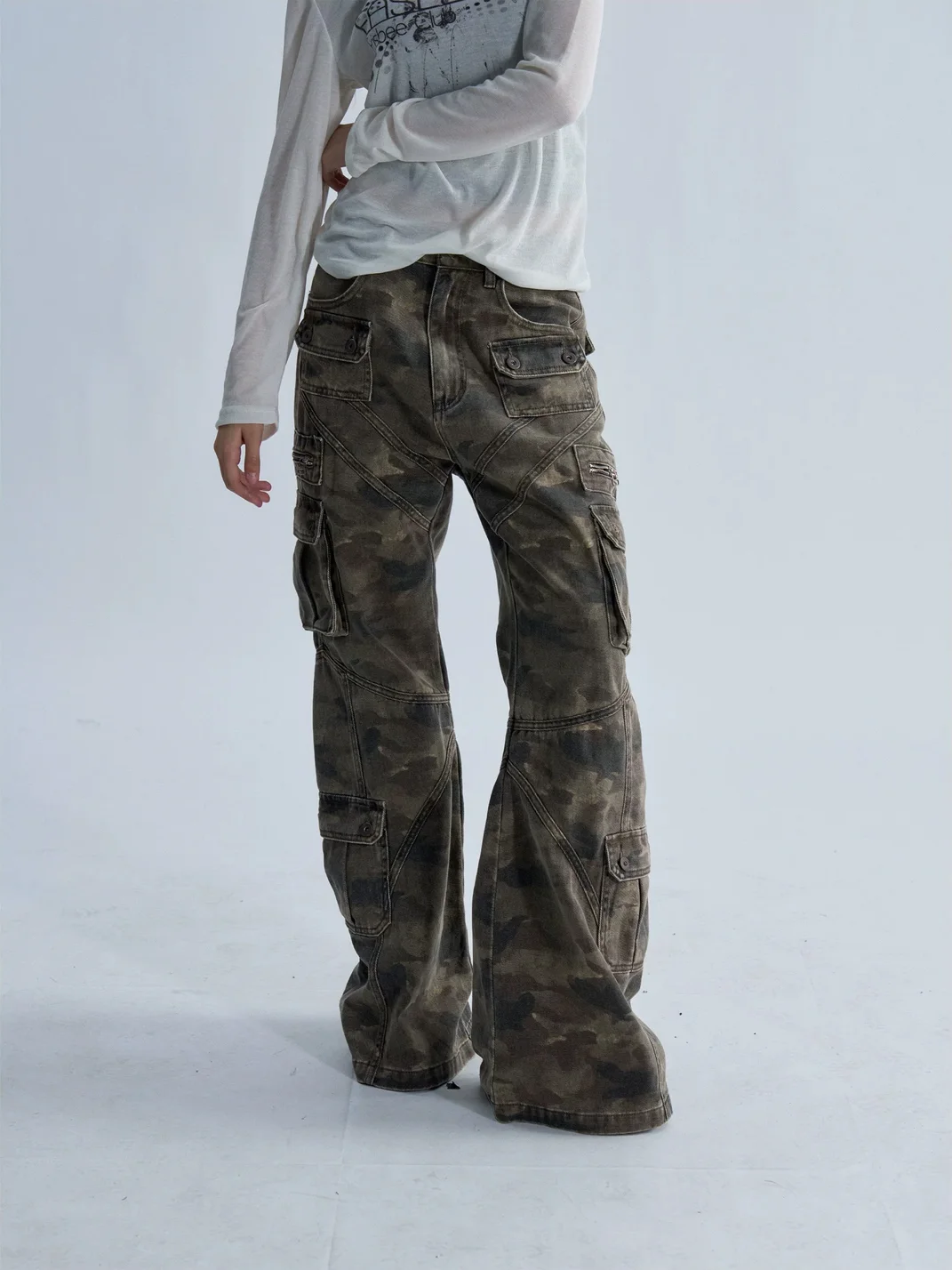PAIKI | Washed Camouflage Multi-Panel Flared Cargo Pants