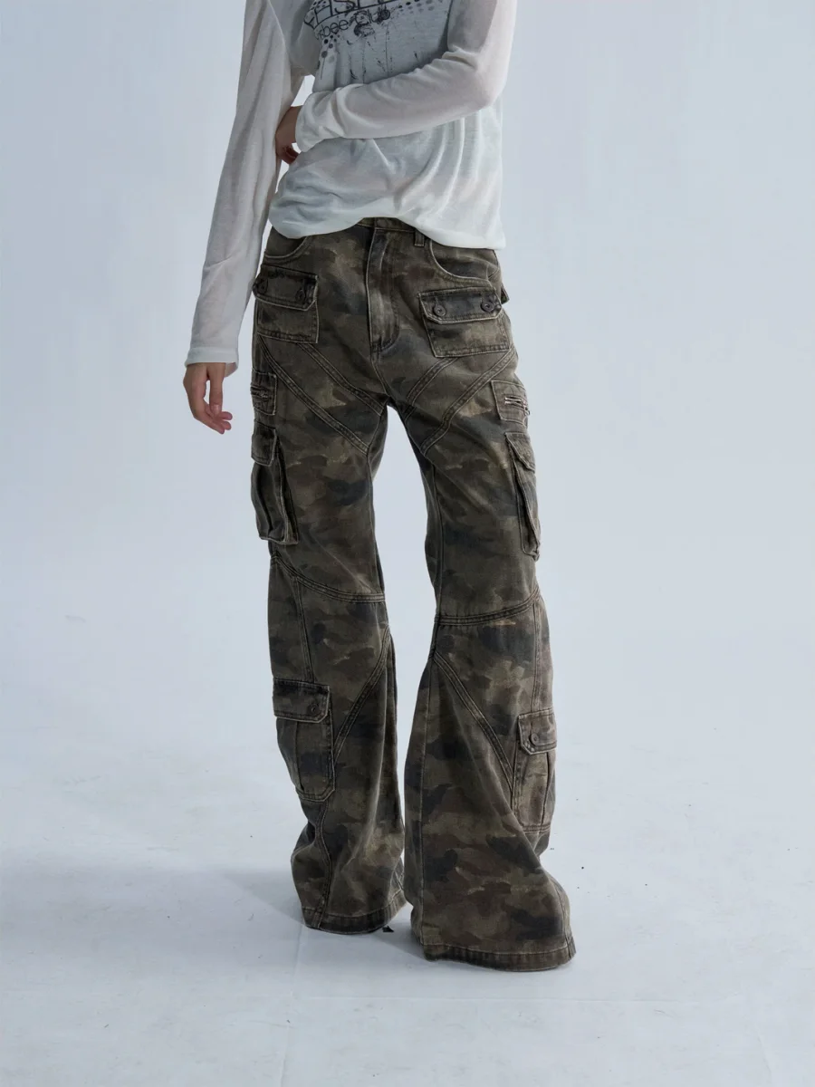 PAIKI | Washed Camouflage Multi-Panel Flared Cargo Pants - 2