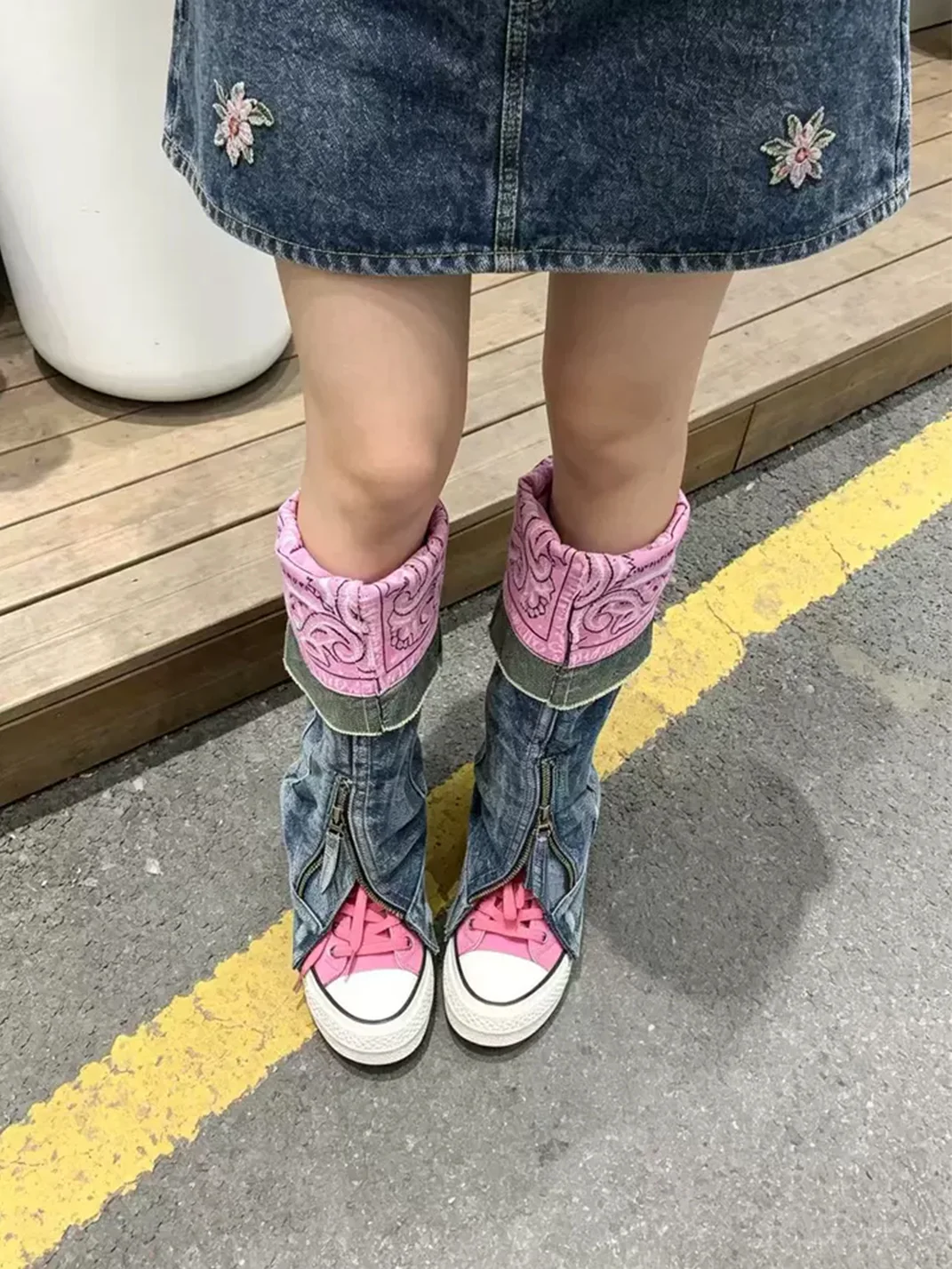 ZHUDAGE | Colorblock Denim Canvas Tall Boots