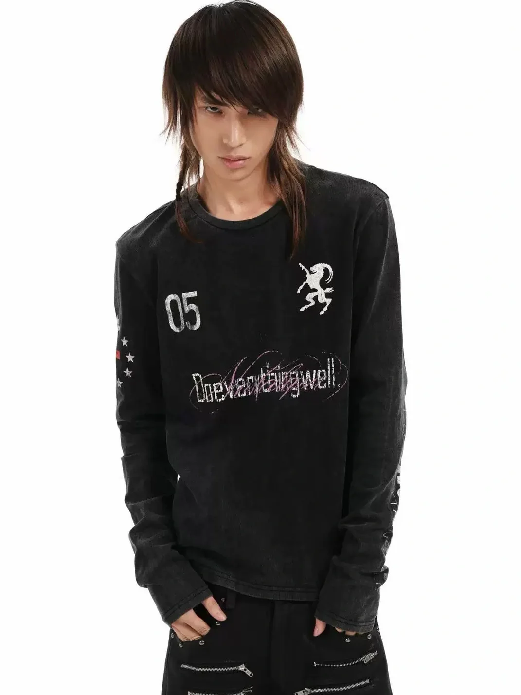DETW | Washed Black Graphic Slim Fit Long Sleeve T-Shirt