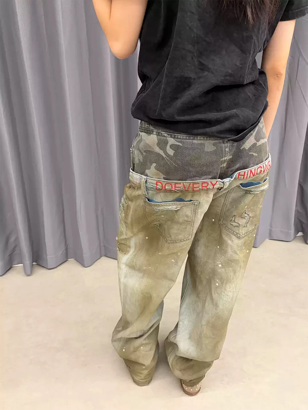 DETW | Camouflage Double Waist Distressed Wide Leg Jeans