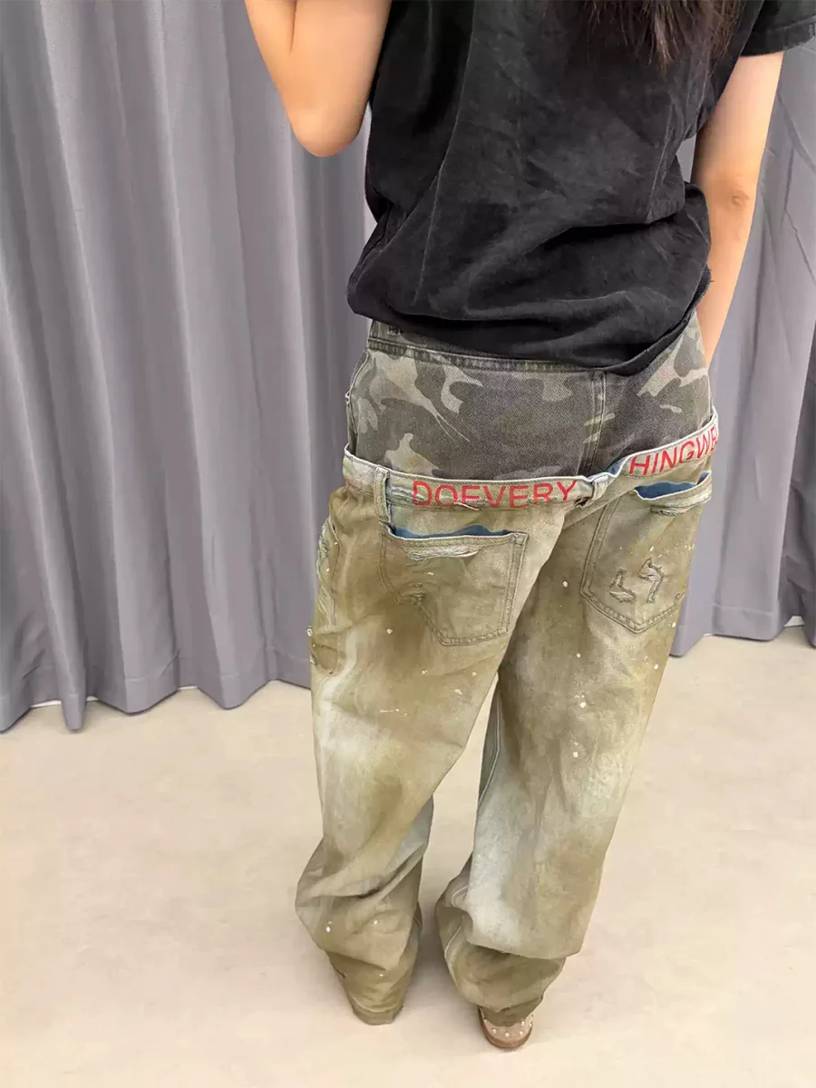 DETW | Camouflage Double Waist Distressed Wide Leg Jeans - 3