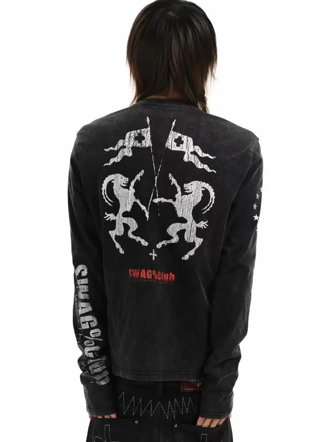 DETW | Washed Black Graphic Slim Fit Long Sleeve T-Shirt