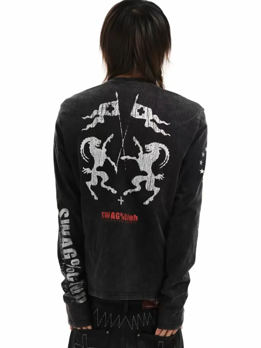 DETW | Washed Black Graphic Slim Fit Long Sleeve T-Shirt - 4