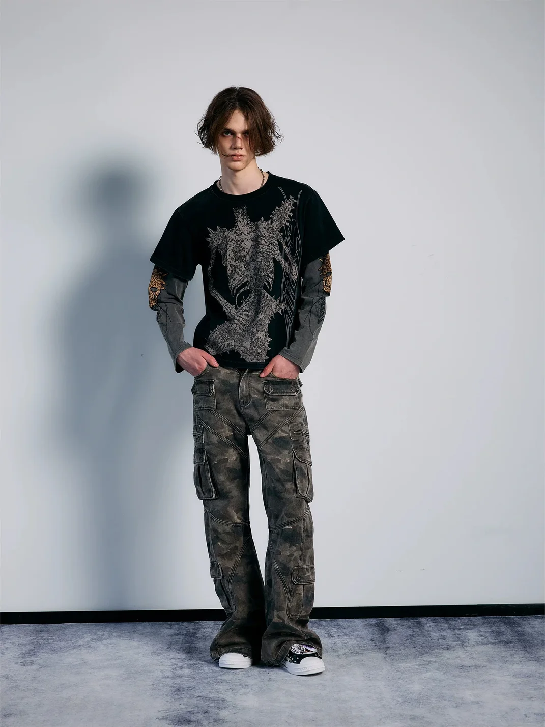 PAIKI | Washed Camouflage Multi-Panel Flared Cargo Pants
