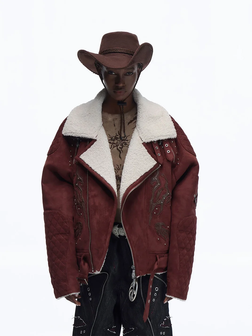 PERSONSOUL | Totem Pattern Faux Fur Lambskin Jacket