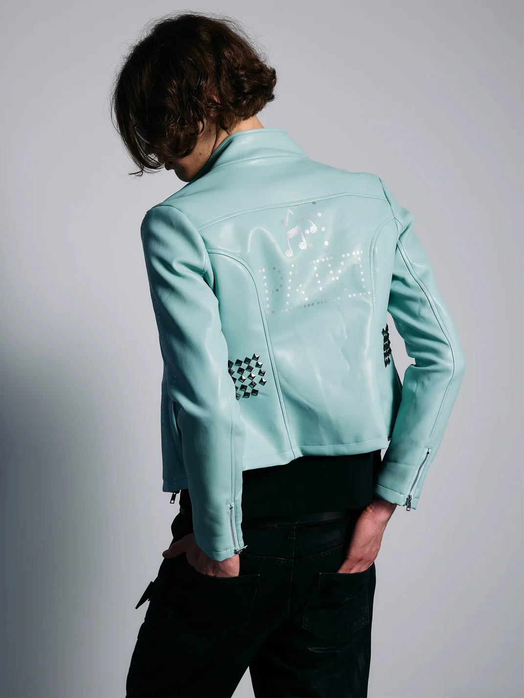 PAIKI | Studded Music Note Cropped PU Jacket