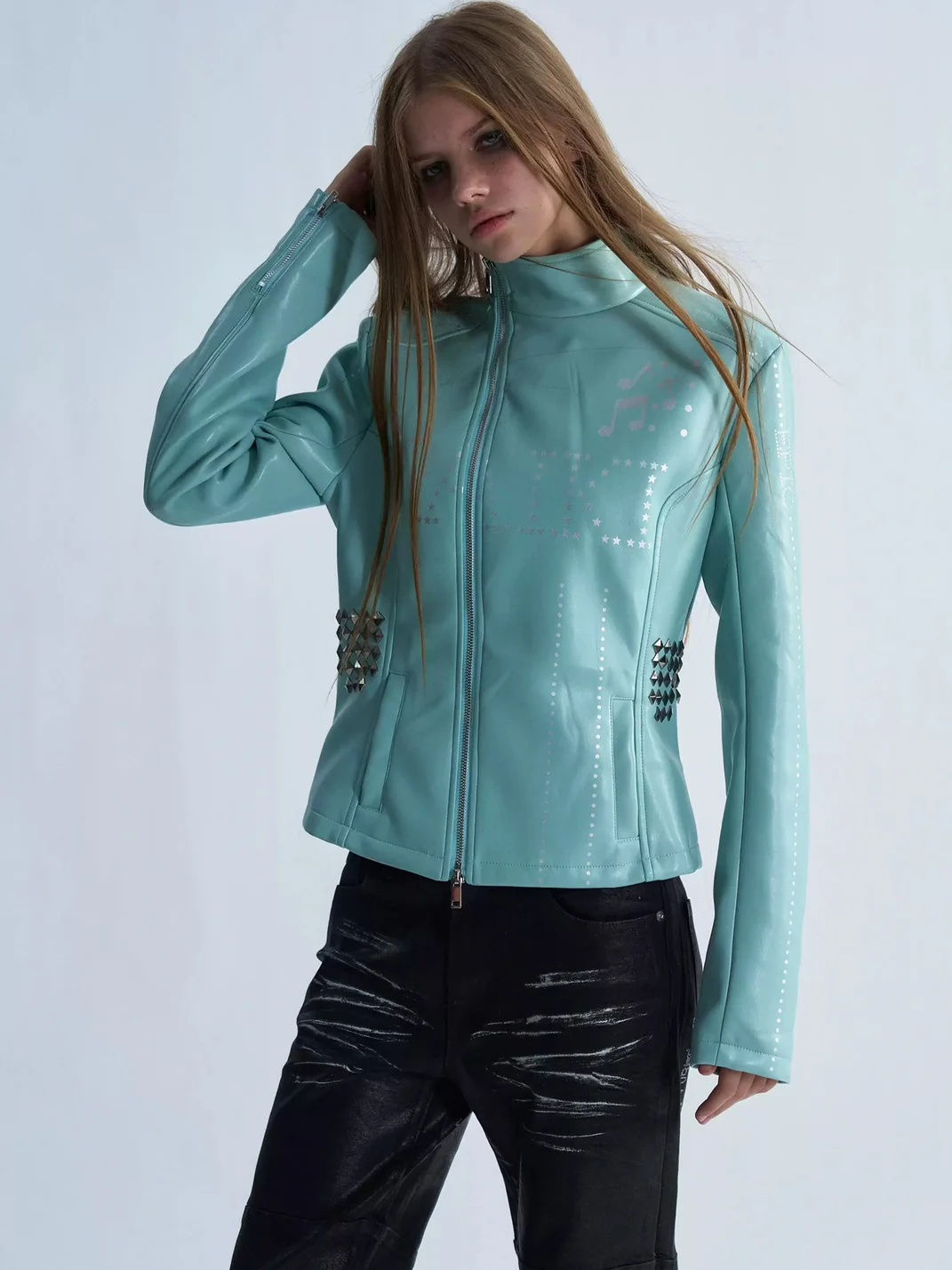 PAIKI | Studded Music Note Cropped PU Jacket
