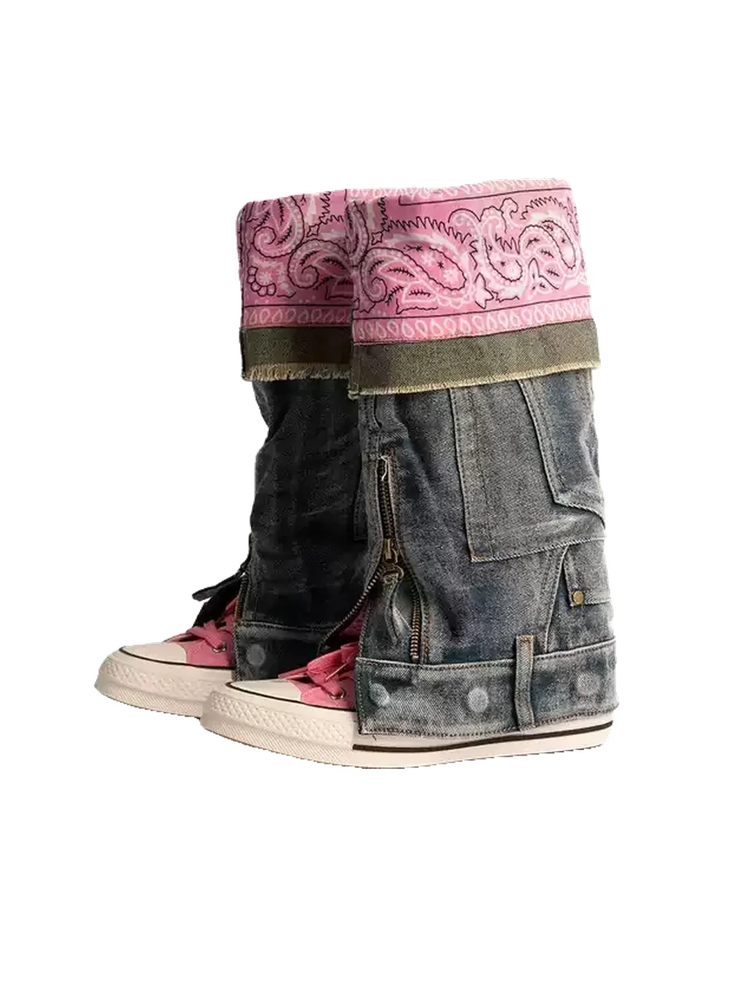 ZHUDAGE | Colorblock Denim Canvas Tall Boots
