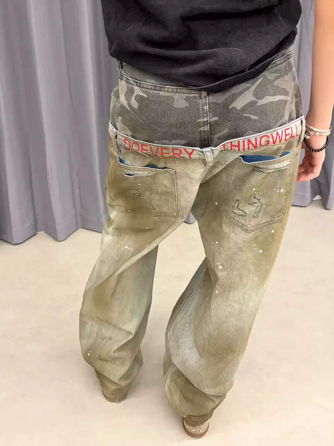 DETW | Camouflage Double Waist Distressed Wide Leg Jeans
