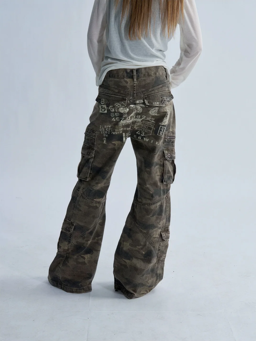 PAIKI | Washed Camouflage Multi-Panel Flared Cargo Pants
