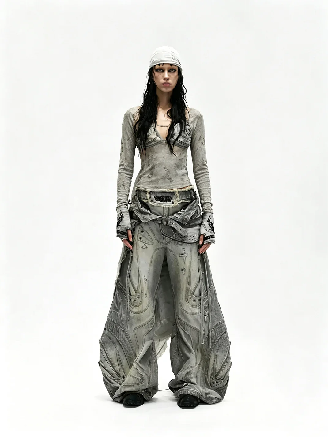 PERSONSOUL | Deconstructed Drawstring Flared Patchwork Jeans