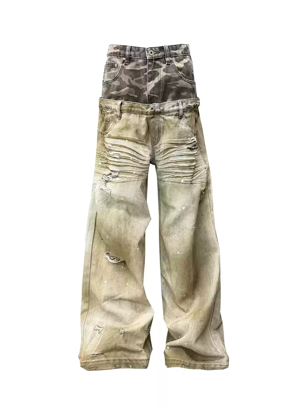 DETW | Camouflage Double Waist Distressed Wide Leg Jeans