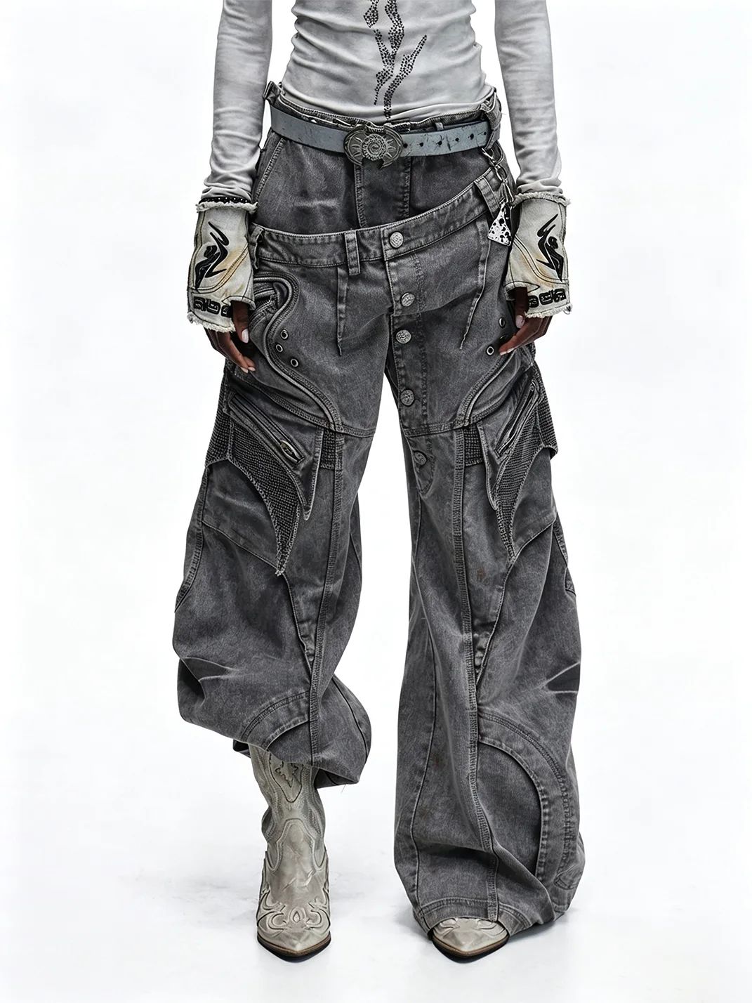 PERSONSOUL | Double-Waist Wide-Leg Cargo Pants