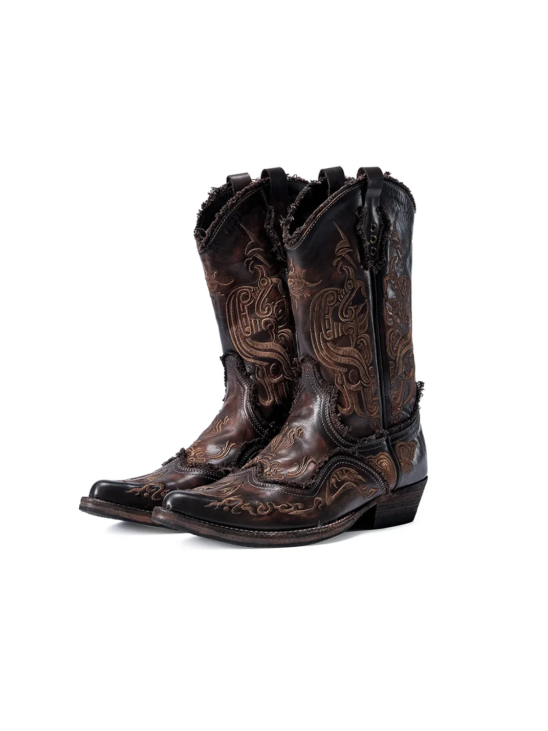 PERSONSOUL | Embroidered Water-Dyed Leather Western Calf Boots
