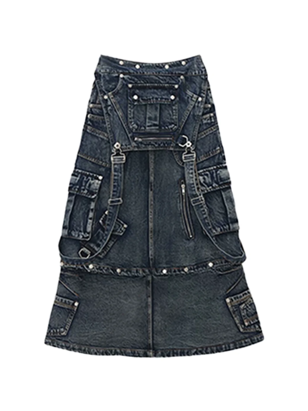 PERSONSOUL | Three-In-One Detachable Denim Suspender Maxi Skirt