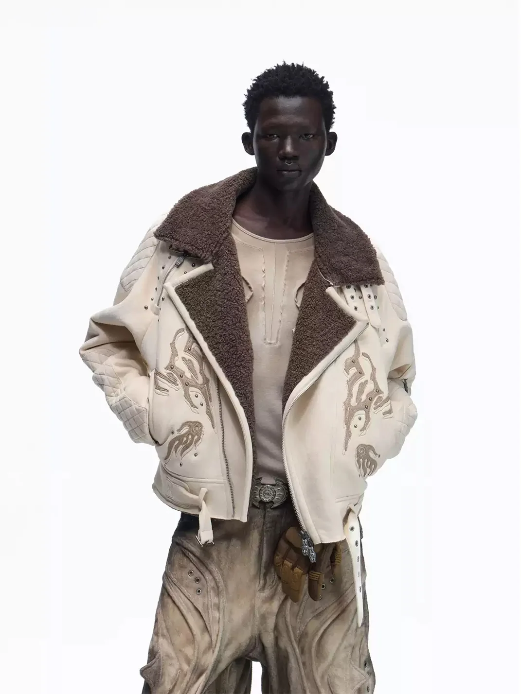 PERSONSOUL | Totem Pattern Faux Fur Lambskin Jacket