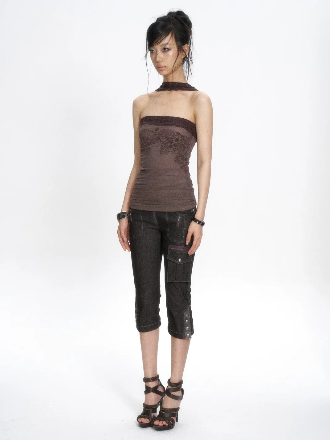 Flowers birds Market | Fitted Floral Mesh Ruched Halter Tube Top