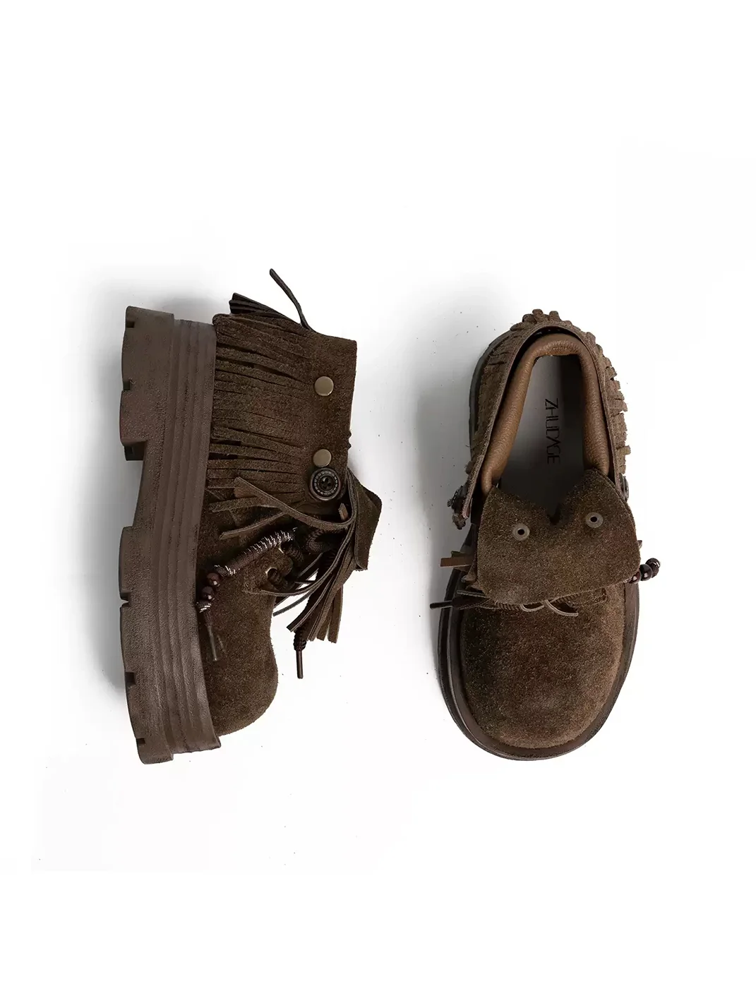 ZHUDAGE | Vintage Fringed Foldover Platform Ankle Boots