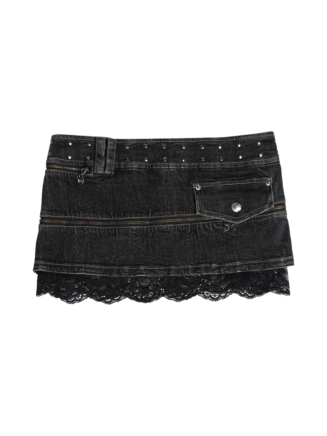 Flowers birds Market | Deconstructed Layered Zip Lace Denim Mini Skirt