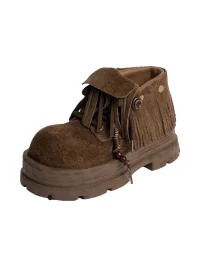 ZHUDAGE | Vintage Fringed Foldover Platform Ankle Boots