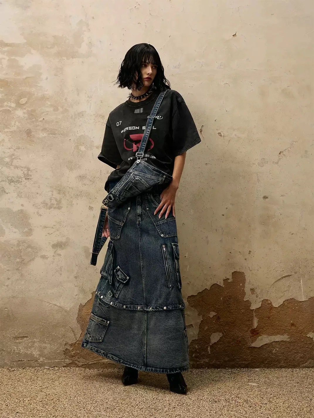 PERSONSOUL | Three-In-One Detachable Denim Suspender Maxi Skirt