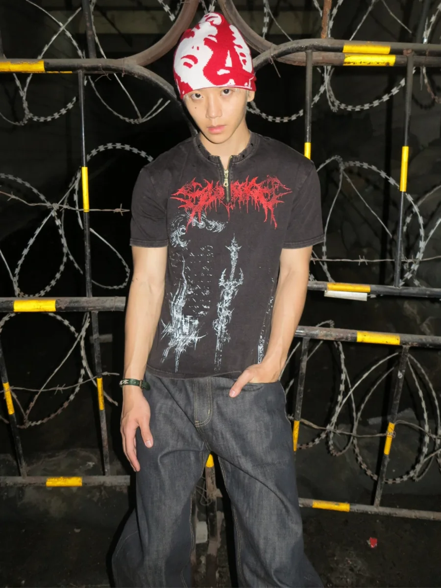 Dream Band | Gothic Punk Half-Zip Graphic T-Shirt - 4
