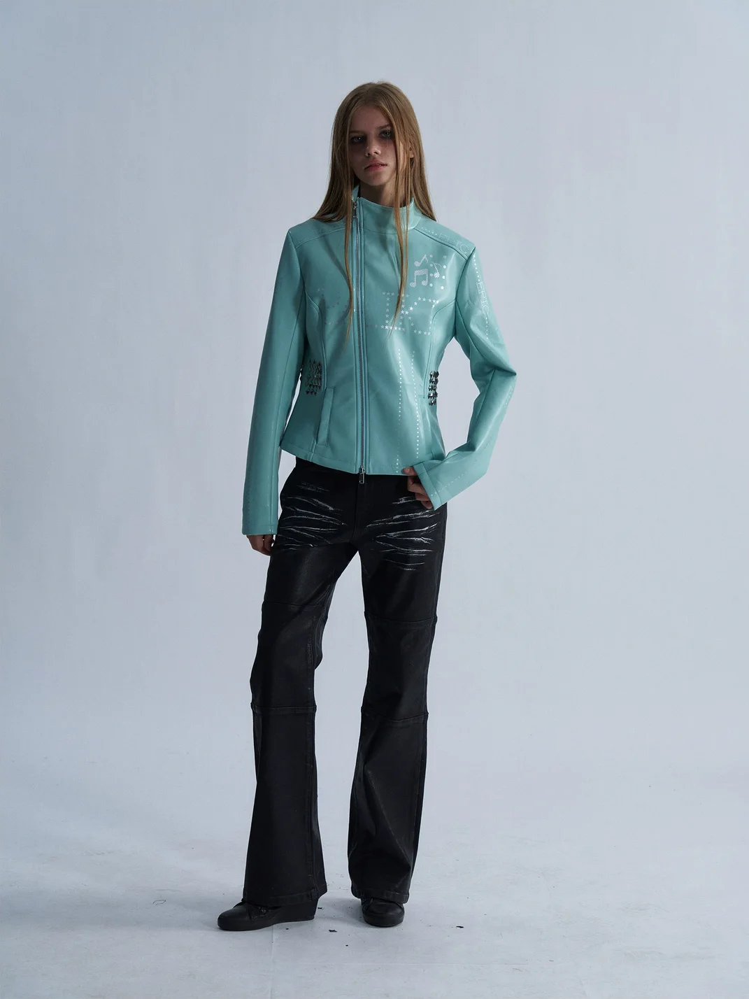 PAIKI | Studded Music Note Cropped PU Jacket