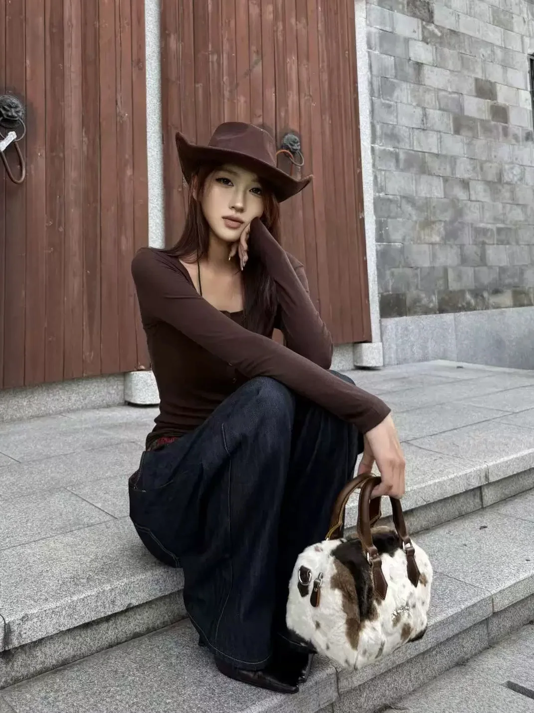 SevenJss | Cow Print Plush Bucket Crossbody Handbag