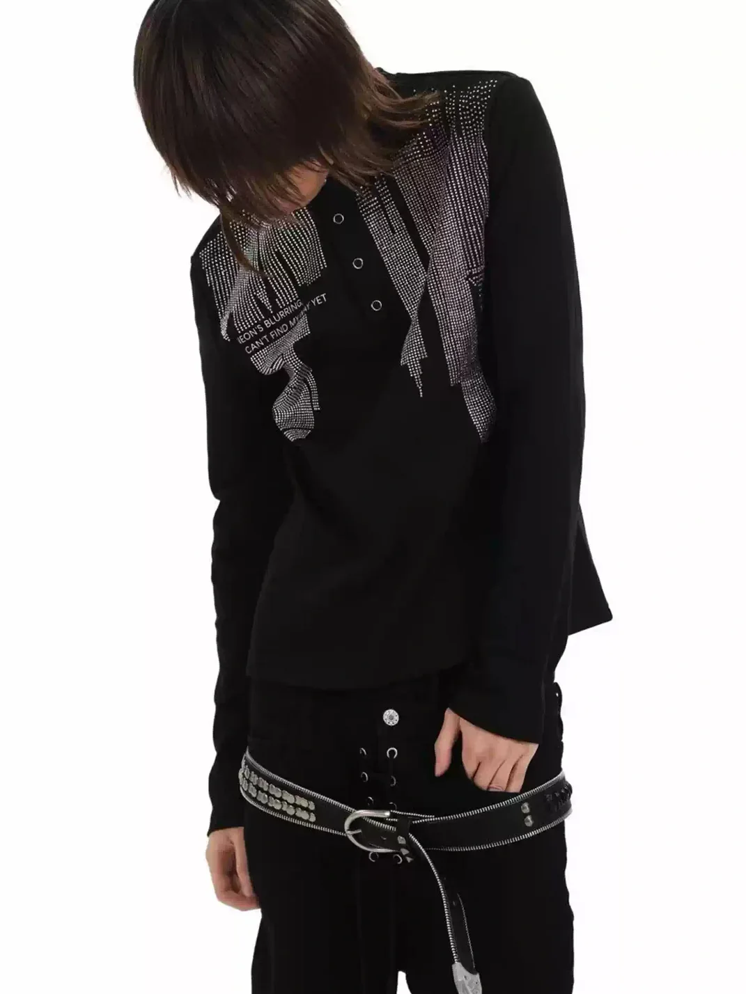 DETW | Rhinestone Graphic Long Sleeve Henley T-Shirt