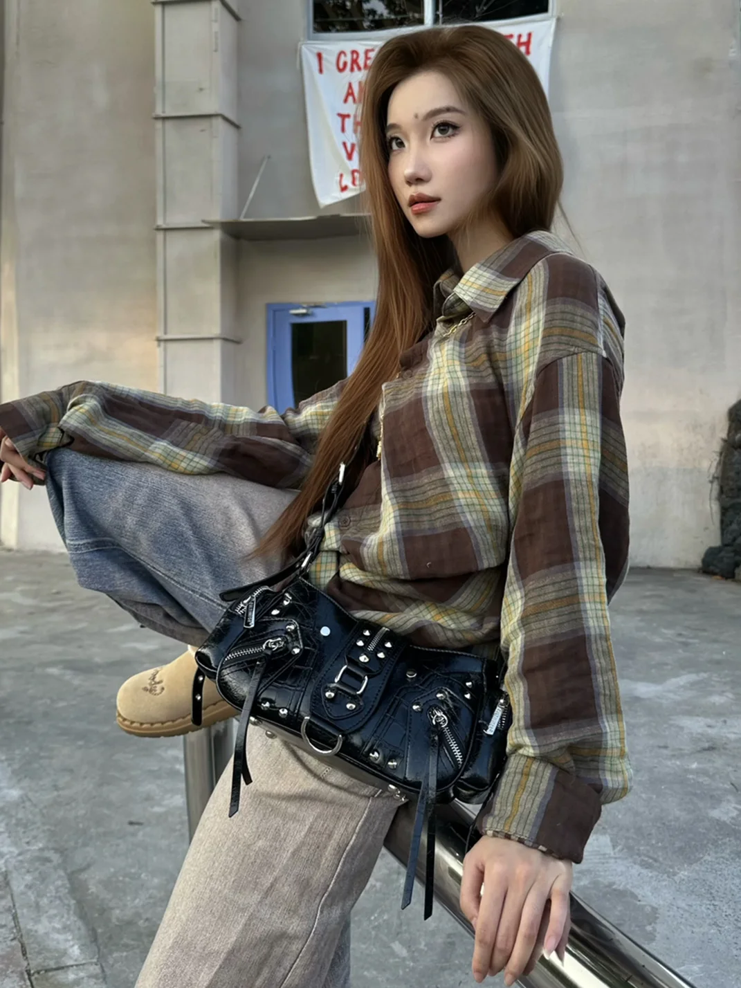 CULTIVATOR | Studded Crocodile Embossed Biker Shoulder Bag